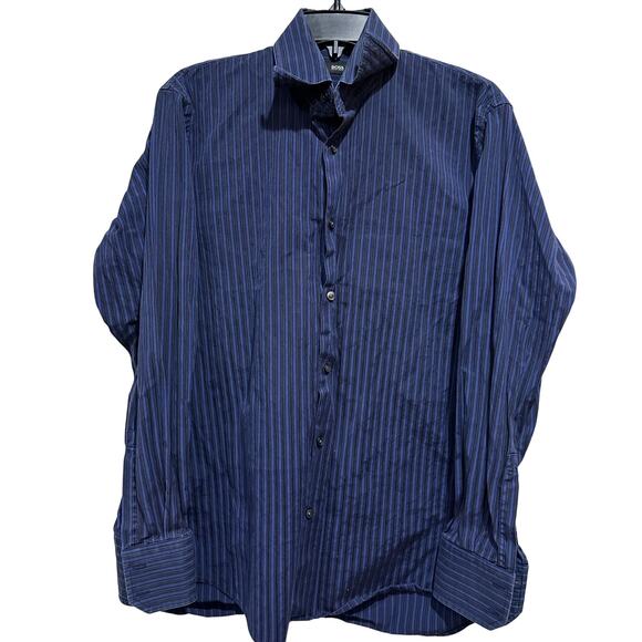 Hugo Boss Shirt Mens 15.5 32/33 Blue Black Pinstripe Long Sleeve Button Front - Picture 1 of 9